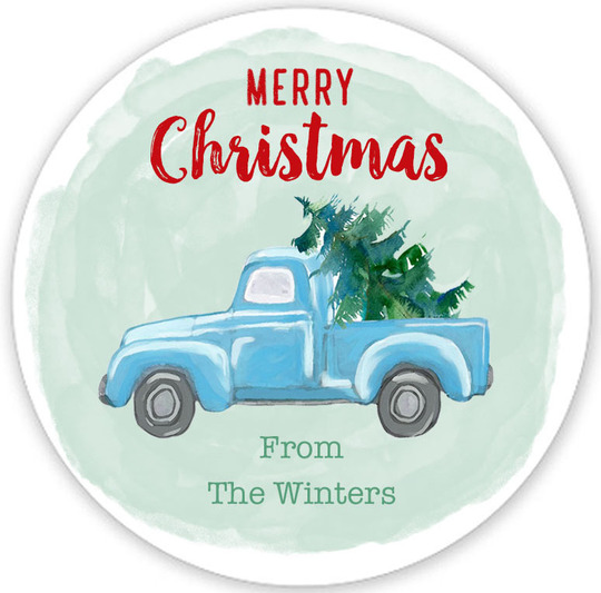 Blue Truck Round Holiday Gift Stickers